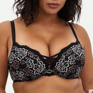 Torrid 48 C  XO Push-up Plunge Lace Pink & Black Floral Bra